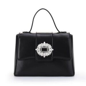 Badgley Mischka Black Satchel with Silver Rhinestone Brooch Embellishment